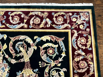 Aubusson Rug 9x12 Hand Knotted Wool Vintage European Design Dark Green Elegant Carpet
