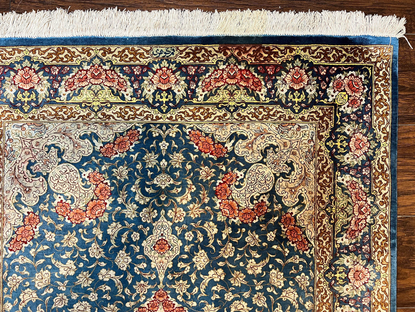 Magnificent Persian Qum Silk Rug 3x5, Blue, Super Fine 675 KPSI - 70 Raj, Floral Roses, Handmade Vintage Silk Carpet, Masterpiece