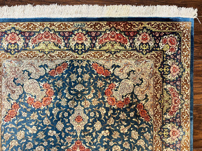 Magnificent Persian Qum Silk Rug 3x5, Blue, Super Fine 675 KPSI - 70 Raj, Floral Roses, Handmade Vintage Silk Carpet, Masterpiece
