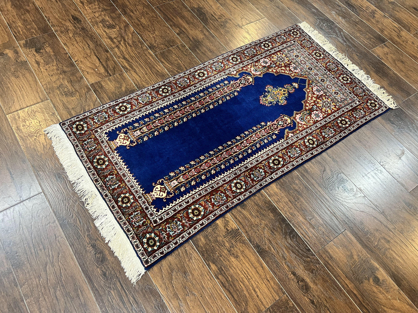 Indo Persian Prayer Rug 3x5 Vintage Hand Knotted Handmade Wool Dark Blue And Red Oriental Carpet