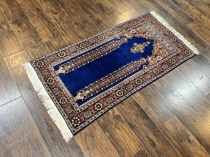 Indo Persian Prayer Rug 3x5 Vintage Hand Knotted Handmade Wool Dark Blue And Red Oriental Carpet