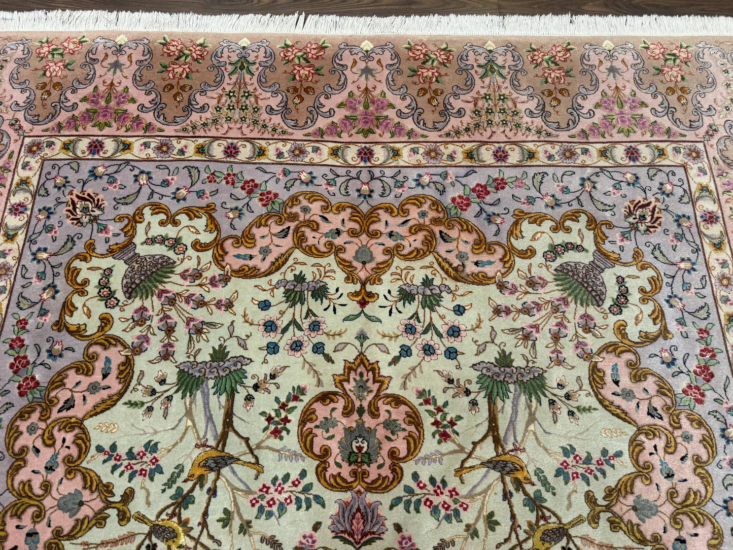 Persian Tabriz Rug 7x10 Very Fine 330 KPSI Kork Wool Silk Foundation With Bird Pictorials In Light Green Light Blue Pink