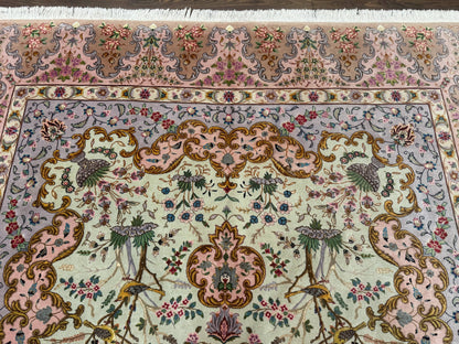 Persian Tabriz Rug 7x10 Very Fine 330 KPSI Kork Wool Silk Foundation With Bird Pictorials In Light Green Light Blue Pink