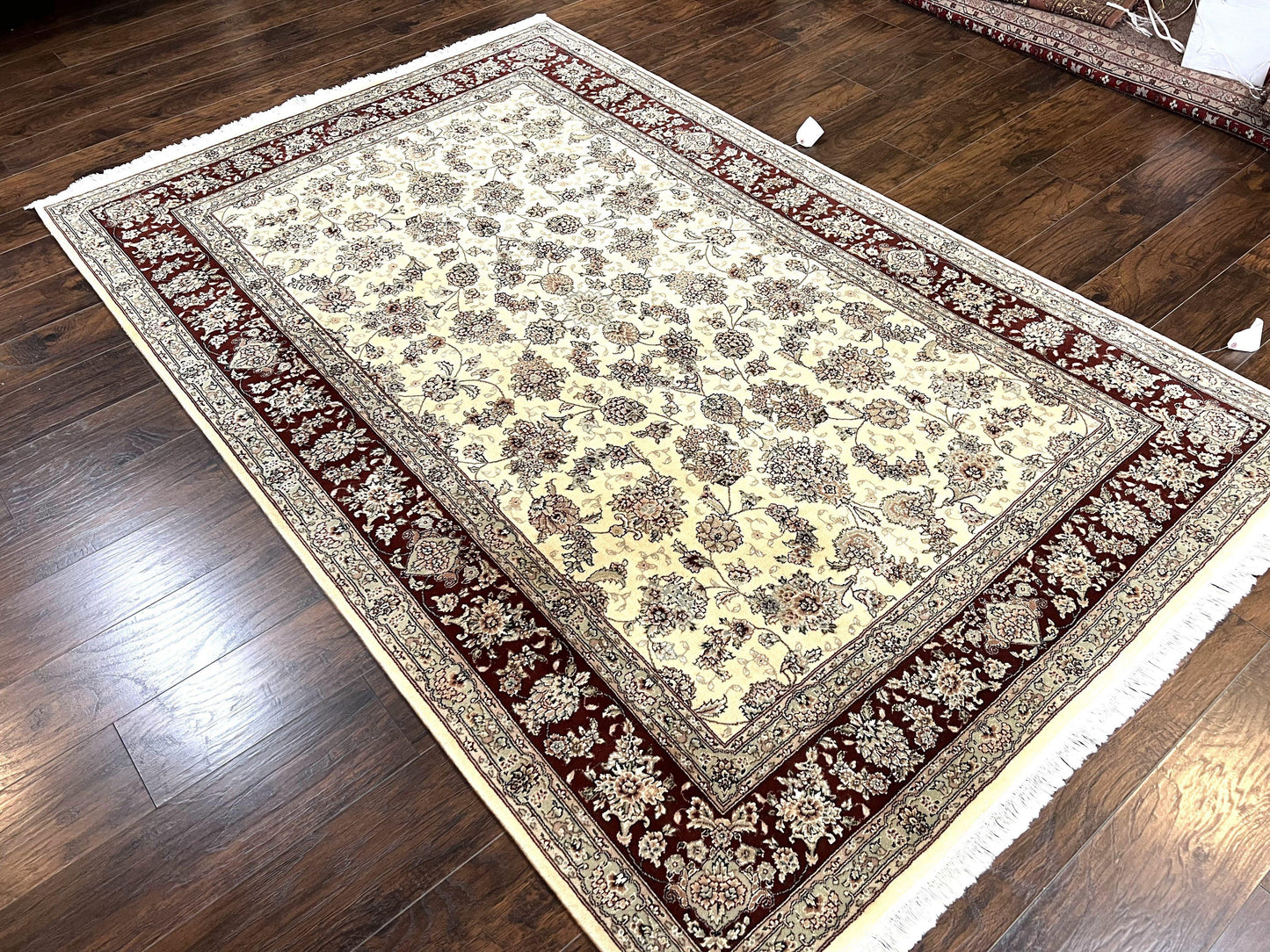Pak Persian Rug 6x9 Wool Silk Hand Knotted Floral Allover Cream and Maroon Vintage Rug
