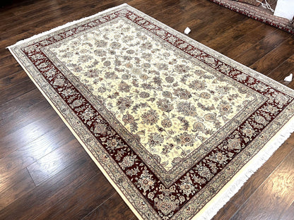 Pak Persian Rug 6x9 Wool Silk Hand Knotted Floral Allover Cream and Maroon Vintage Rug