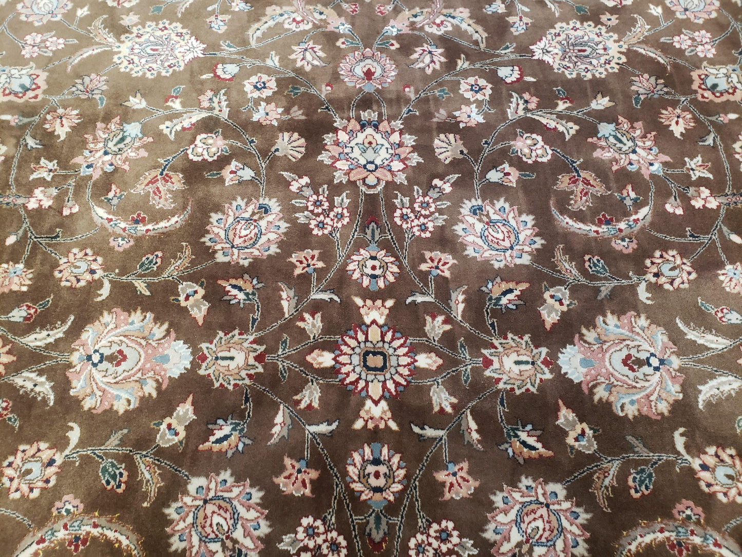 Pak-Persian Vintage Wool Rug 9x12 Hand-Knotted Spice Brown Ivory Traditional Oriental Carpet