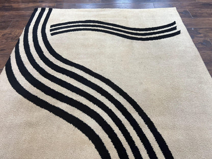Modern Rug 6x9 Cream and Black Abstract Pattern Wool Area Rug