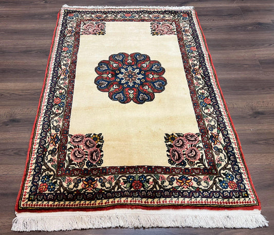 Persian Bidjar Rug 3x5 Hand Knotted Open Field Medallion Ivory Cream Red Blue