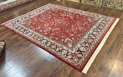 Indo Persian Sarouk Rug 8x10, Red, Floral Allover, Handmade Vintage Wool Carpet, Traditional Rug