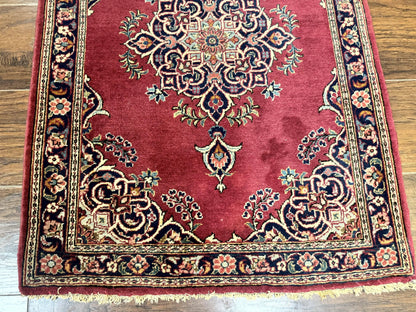Persian Kashan Rug 2x3 Handmade Vintage Wool Semi Antique Red Navy Open Field