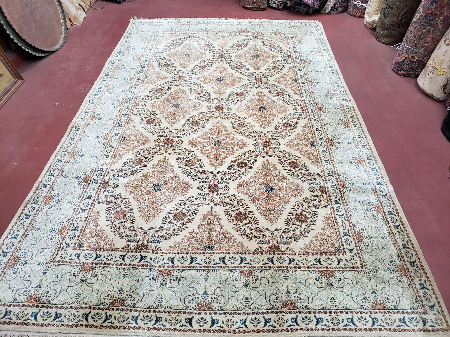 Fine Antique Persian Light Colored Kashan Carpet, 7x12, Top Quality, Rare, Ivory & Blues, Hand-Knotted, Wool