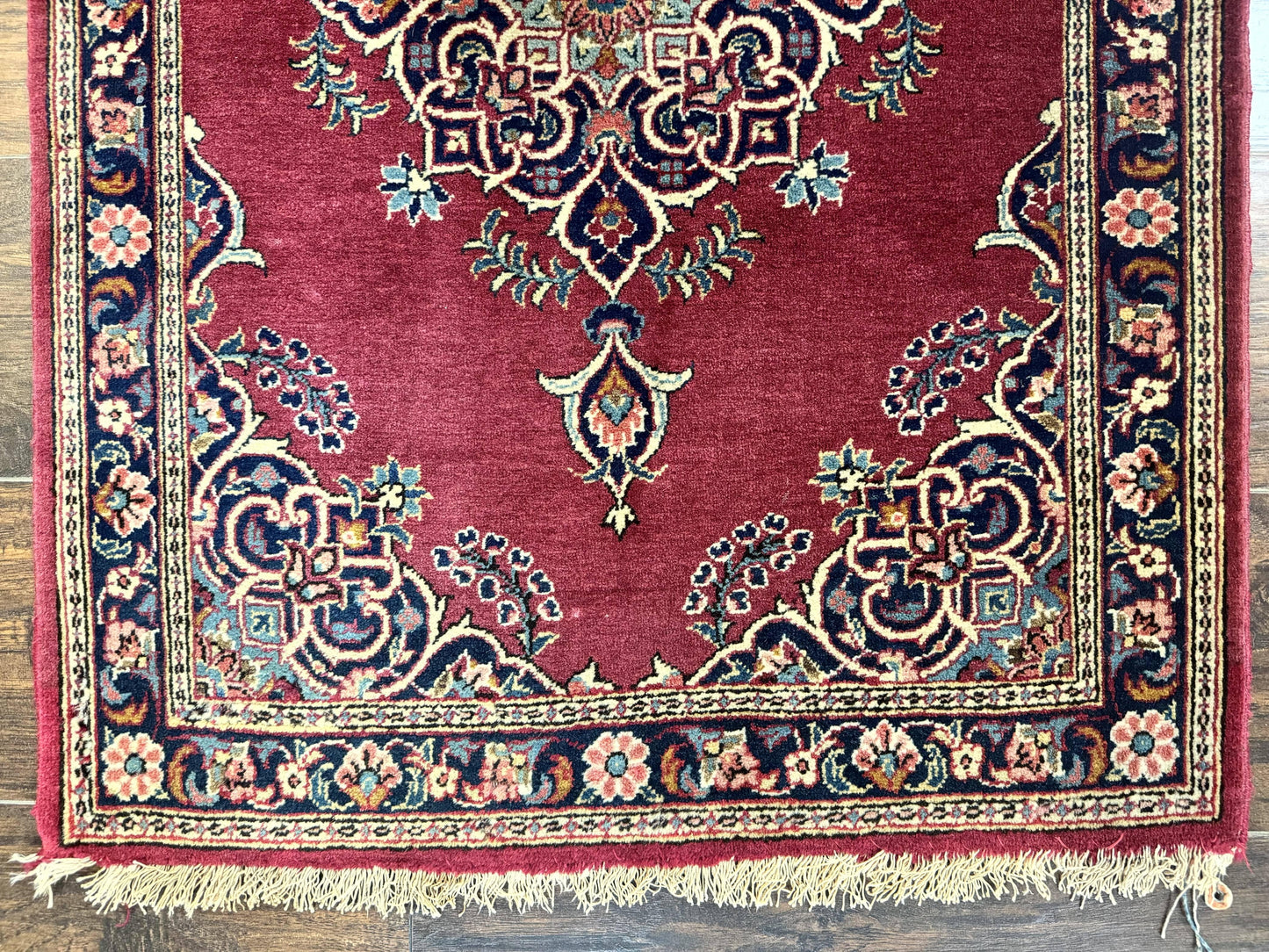 Persian Kashan Rug 2x3 Handmade Vintage Wool Semi Antique Red Navy Open Field