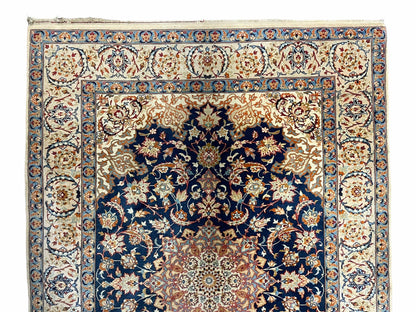 Persian Isfahan Rug 4x5 Navy Blue Ivory Wool Silk Highlights Hand Knotted