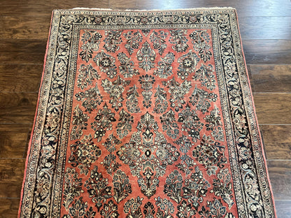 Antique Persian Sarouk Rug 4x7, Hand Knotted Wool Red Persian Carpet, Floral, Fine 300 KPSI