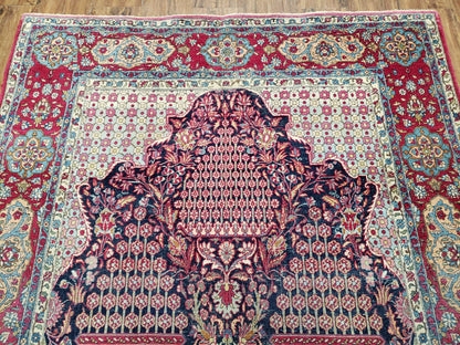 Antique Persian Tehran Rug 5x8, Midnight Blue and Red, Hand-Knotted, Wool