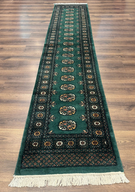 Pakistani Bokhara Runner Rug 2.5 x 11, Green Turkoman Wool Runner for Hallway