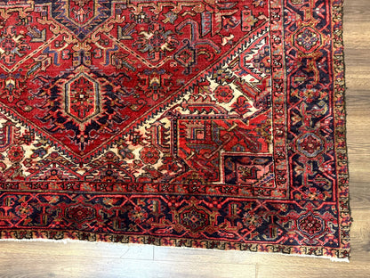 Persian Heriz Rug 7x10, Geometric Pattern, Red Ivory Navy Blue