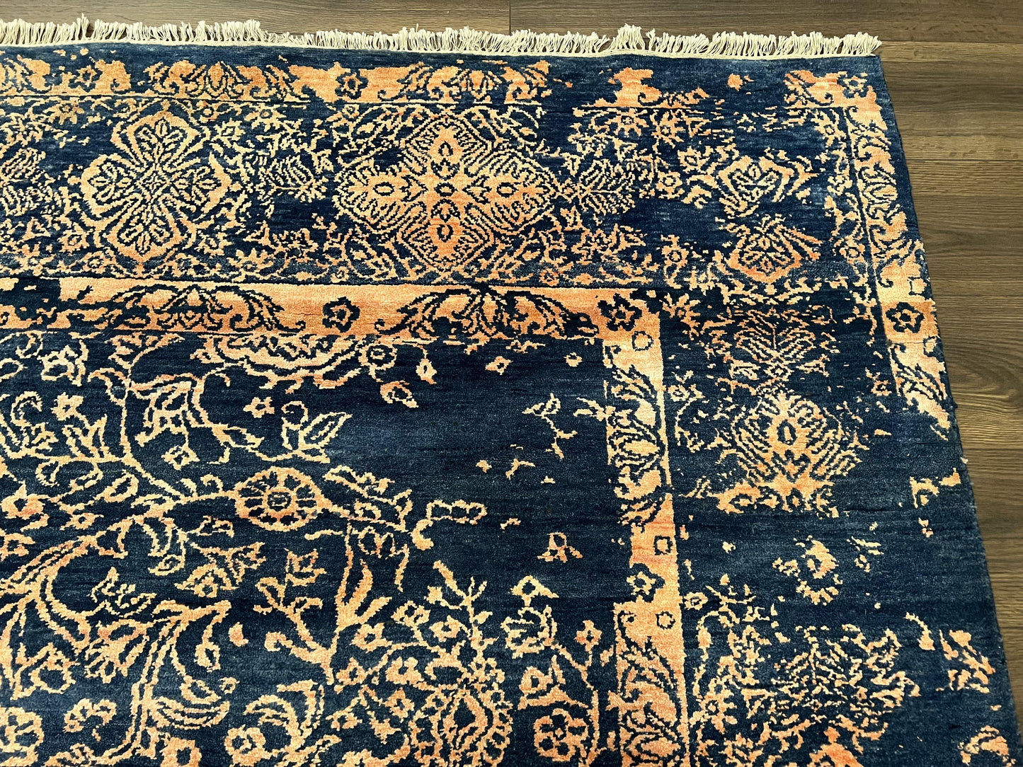 Handmade Wool Area Rug 8x10 Pakistani Oriental Blue and Gold Modern Living Room Decor