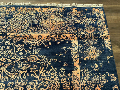 Handmade Wool Area Rug 8x10 Pakistani Oriental Blue and Gold Modern Living Room Decor