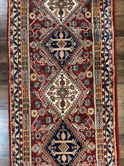 Antique Persian Qashqai Runner Rug 3 x 13 ft, Tribal Runner, Geometric Medallions, Red Ivory Blue, Wool