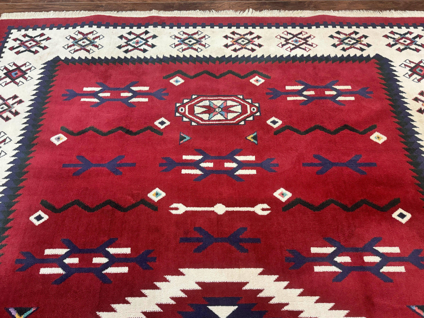 Power Loomed Navajo Area Rug 8x11 Dark Red Ivory Bohemian Tribal Design