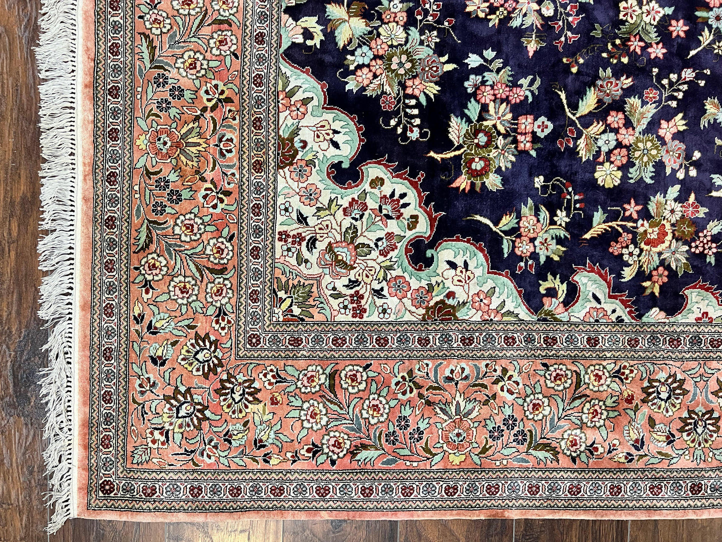 Silk Persian Qum Rug 7x9 Hand Knotted Navy Blue Salmon Floral Medallion Authentic Oriental Carpet