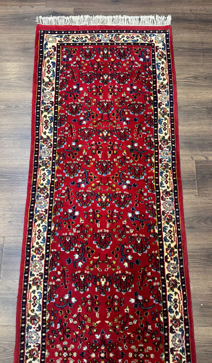 Indo Persian Sarouk Runner Rug 3 x 12, Red and Cream, Allover Pattern, 12ft Runner, Hand Knotted