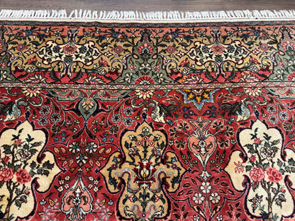 Antique Tabriz Persian Rug 7x10, Red Cream Tan, Unique Design, Fine 270 KPSI, Birds, Floral