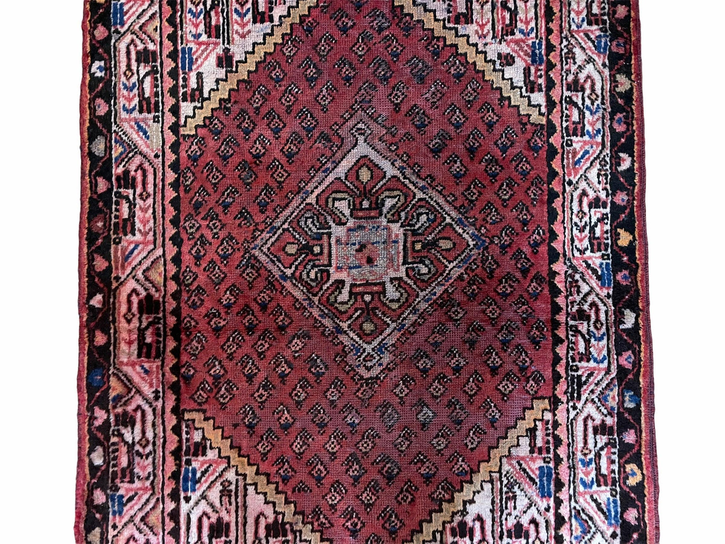 Antique Hand Knotted Wool Rug 4x6 With Organic Dyes Red Ivory Tribal Boho