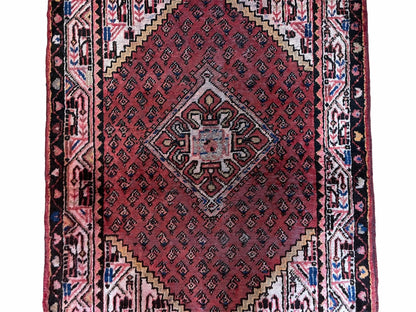 Antique Hand Knotted Wool Rug 4x6 With Organic Dyes Red Ivory Tribal Boho