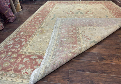 Large Turkish Soumak Rug 10x14, Flatweave Dhurrie, Handmade, Light Green and Salmon