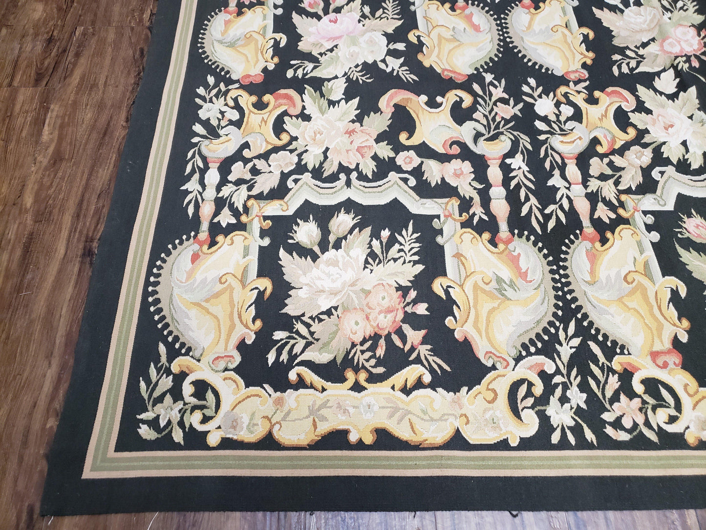 Vintage Black Aubusson Area Rug 8x10, Large Flowers Chinese Aubusson Carpet 7.9 x 10, Wool Hand-Knotted Floral Pattern Flat Weave Rug Nice