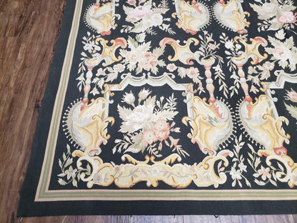 Vintage Black Aubusson Area Rug 8x10, Large Flowers Chinese Aubusson Carpet 7.9 x 10, Wool Hand-Knotted Floral Pattern Flat Weave Rug Nice