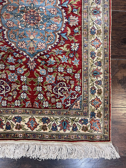 Silk Turkish Kayseri Rug 2x3, Small All Silk Turkish Carpet, Red and Light Blue, Very Fine Hand Knotted Semi Antique Vintage Handmade Rug