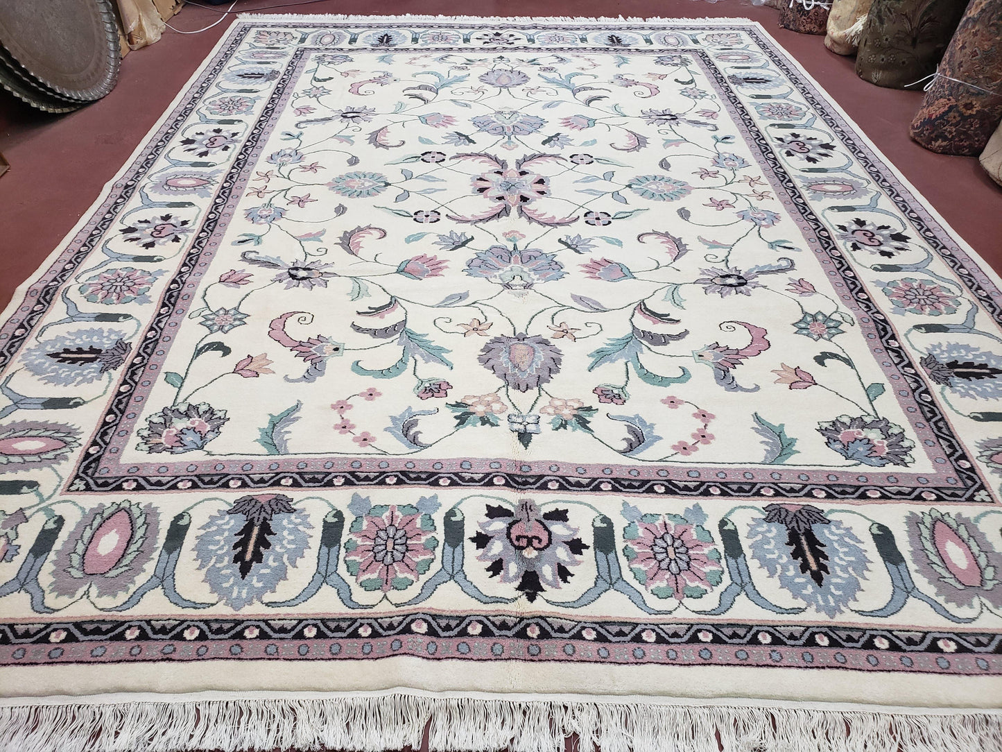 Ivory & Teal Indo Persian Area Rug 9x12, Wool Hand-Knotted Oriental Carpet, 9 x 12 Soft Traditional Living Room Rug, Dining Room Rug