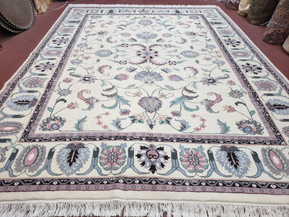 Ivory & Teal Indo Persian Area Rug 9x12, Wool Hand-Knotted Oriental Carpet, 9 x 12 Soft Traditional Living Room Rug, Dining Room Rug