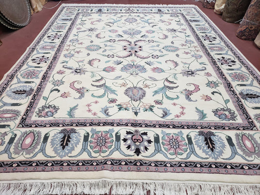 Ivory & Teal Indo Persian Area Rug 9x12, Wool Hand-Knotted Oriental Carpet, 9 x 12 Soft Traditional Living Room Rug, Dining Room Rug