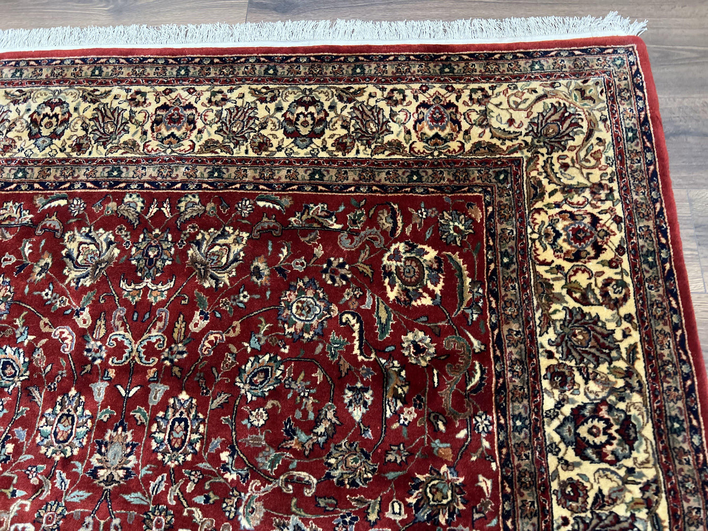 Vintage Indo Persian Rug 6x9, Very Finely Hand-Knotted Carpet 6 x 9 Red Cream Indian Oriental Carpet, Traditional Floral Wool Area Rug 1970s