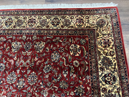 Vintage Indo Persian Rug 6x9, Very Finely Hand-Knotted Carpet 6 x 9 Red Cream Indian Oriental Carpet, Traditional Floral Wool Area Rug 1970s