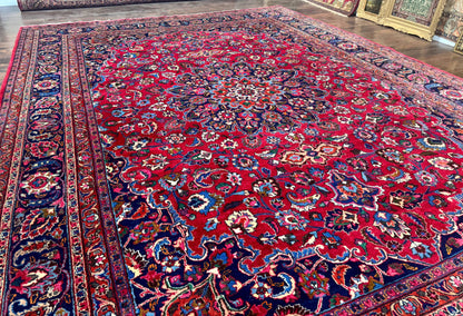 Antique Persian Mashad Rug 10x13, Red and Navy Blue, Great Colors, Signed By Masterweaver, Floral Medallion, Handmade Wool Persian Carpet