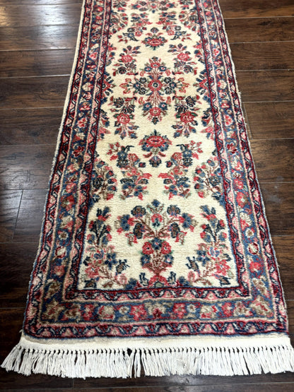 Persian Sarouk Runner Rug Handmade Wool Floral Hallway Ivory