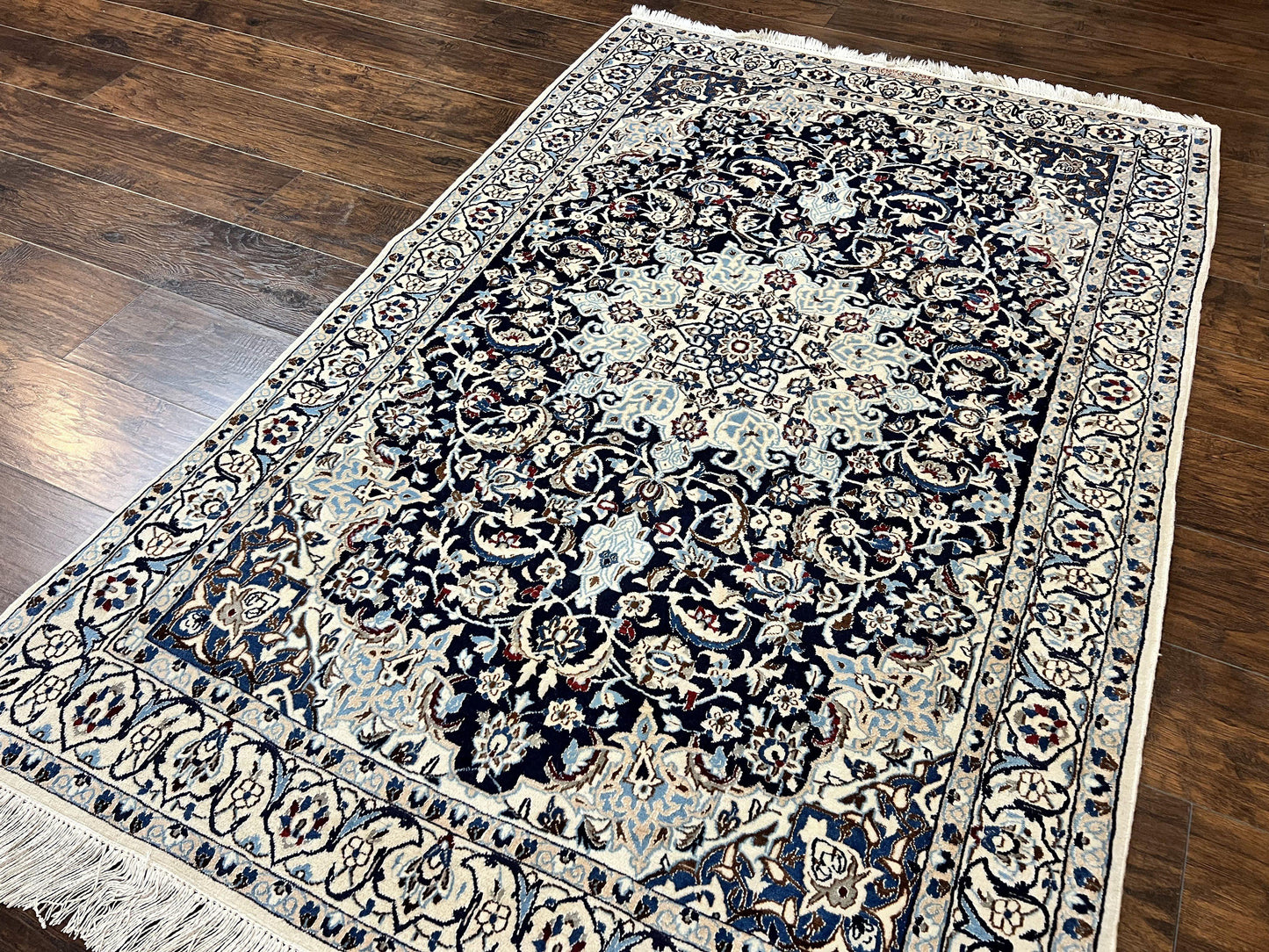 Persian Nain Rug 4x6, Floral, Hand Knotted Vintage Wool & Silk Highlights, Signature from Masterweaver, Navy Blue and Ivory