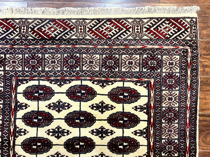 Pakistani Bokhara Rug 4x6 Vintage Handmade Wool Carpet Ivory Turkoman Style