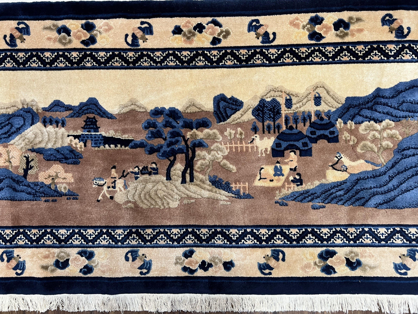 Chinese Pictorial Rug Antique Handmade 2.7x5 Village and Hills Beige Blue Wall Hanging Tapestry
