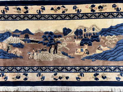 Chinese Pictorial Rug Antique Handmade 2.7x5 Village and Hills Beige Blue Wall Hanging Tapestry