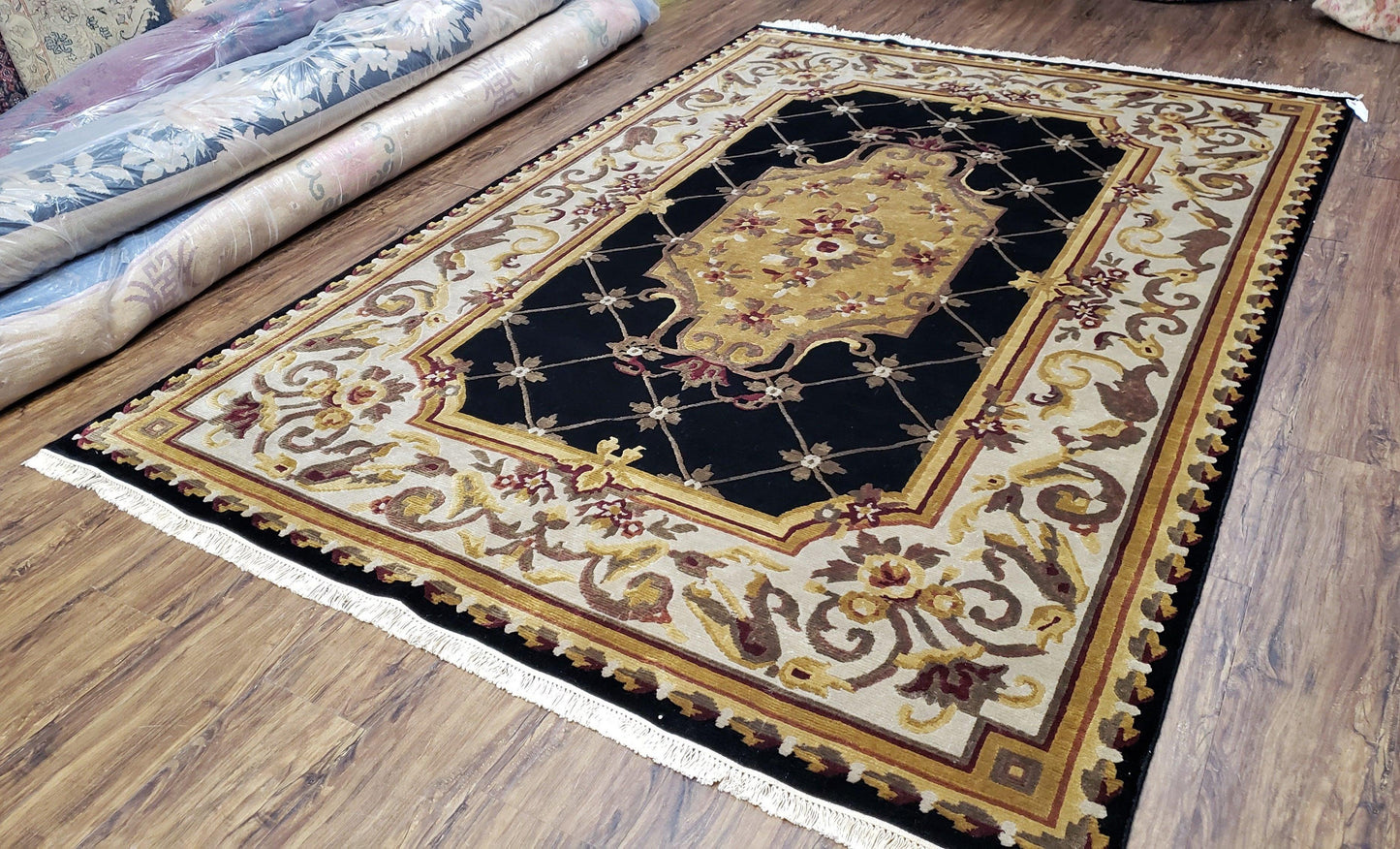 Aubusson Savonnerie Wool Rug 6x9 Hand Knotted Black Beige Nepalese Design
