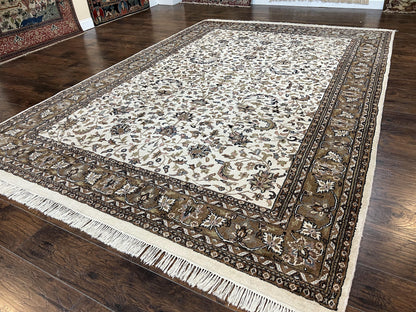 Indo Kirman Rug 8x12 Allover Floral Design, Ivory/Cream Brown, Vintage Handmade Hand Knotted Rug, Traditional Wool Persian Carpet 8 x 12