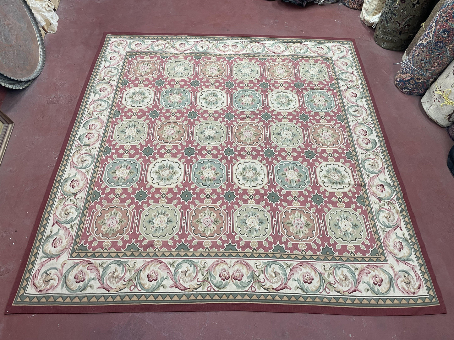 Square Aubusson Rug 9x9, Panel Design, European French English Carpet, Wool