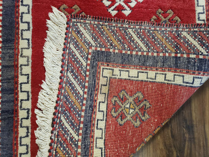 Vintage Turkish Kazak Rug 2.5 by 5 Red Wool Runner With Medallions Geometric Pattern