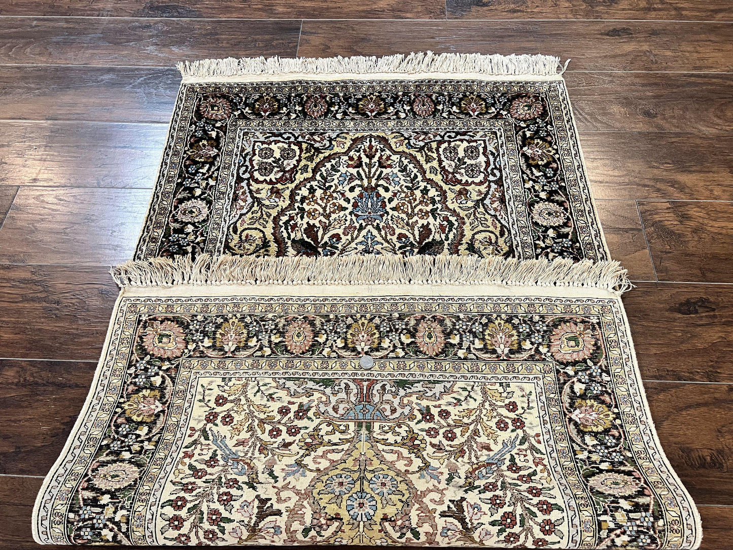 Turkish Kayseri Silk Rug 3x5, Tree of Life Silk Oriental Carpet, Birds Persian Vase Design, Hand Knotted Vintage Fine Rug, 340 KPSI